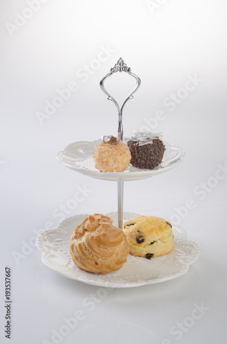 tray or serving tray with dessert on background. photo