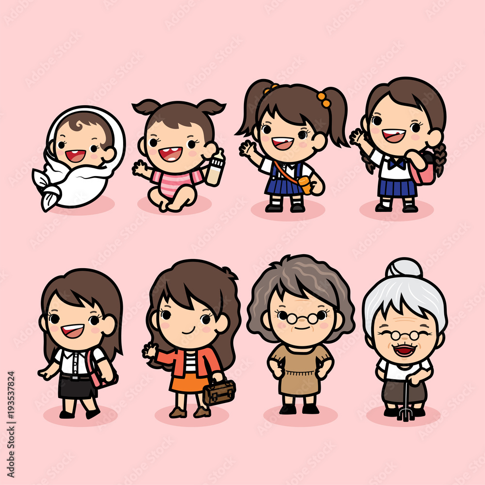 Set of woman character in different ages , Generation of people stages growing up ,baby, child, teenager, adult, aunt, elder person, Vector illustration in cute cartoon. Set of woman character in different ages , Generation of people stages growing up ,baby, child, teenager, adult, aunt, elder person, Vector illustration in cute cartoon.