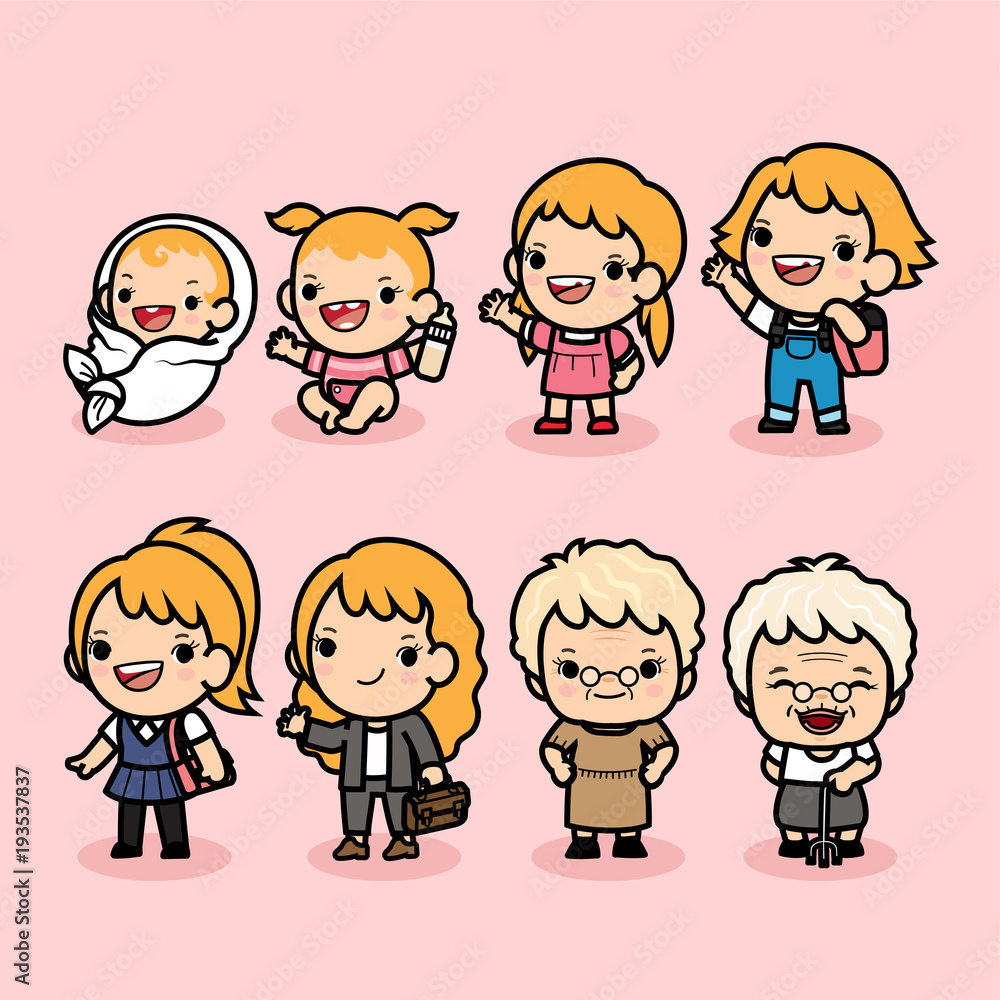 Set of woman character in different ages , Generation of people stages growing up ,baby, child, teenager, adult, aunt, elder person, Vector illustration in cute cartoon. Set of woman character in different ages , Generation of people stages growing up ,baby, child, teenager, adult, aunt, elder person, Vector illustration in cute cartoon.