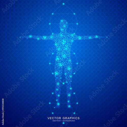 Human body with molecules DNA on medical abstract background.