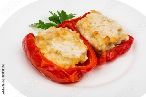 Dietary protein dish. Bulgarian pepper stuffed with meat