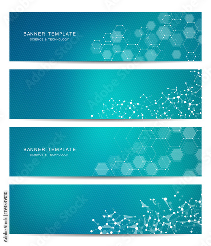 Technological and scientific banners with hexagonal molecule.
