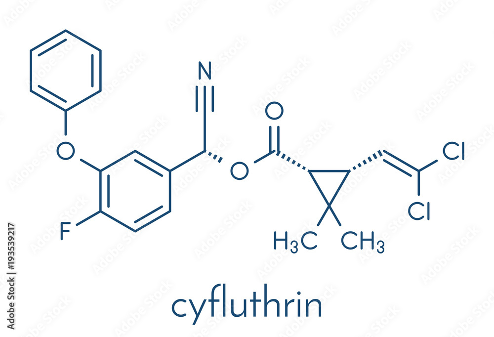 Cyfluthrin insecticide molecule. Skeletal formula.