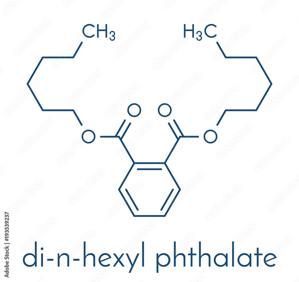 Di-n-hexyl phthalate (DNHP) plasticizer molecule. Skeletal formula. Di-n-hexyl phthalate (DNHP) plasticizer molecule. Skeletal formula.