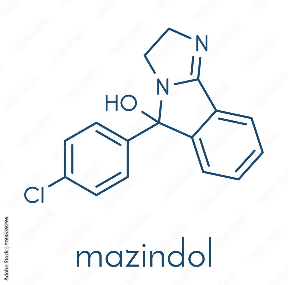Mazindol appetite suppressant drug molecule. Skeletal formula. Mazindol appetite suppressant drug molecule. Skeletal formula.