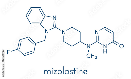 Mizolastine antihistamine drug molecule. Skeletal formula.