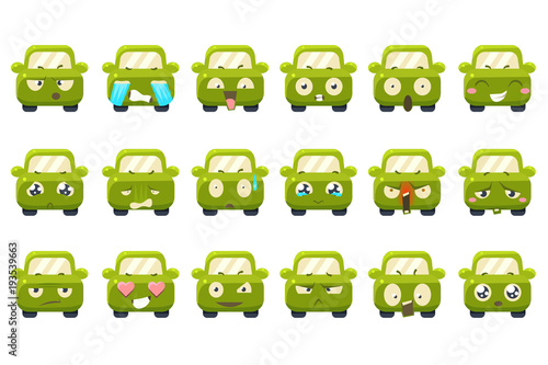 Cute green car cartoon characters showing different emotions sett, funny emoji for site, video, animation, websites, infographics, messages, comics, newsletters