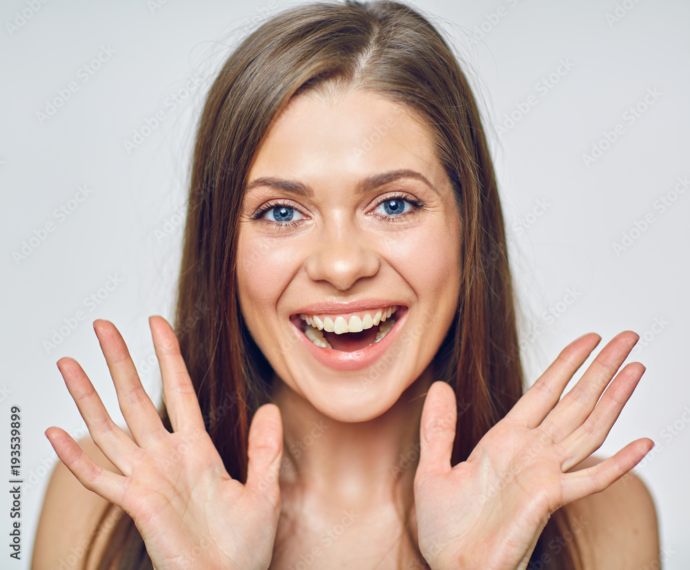 Woman smile with teeth show two hands. Woman smile with teeth show two hands.