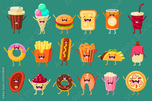 Funny fast food comic characters sett, ice cream, coffee, hot dog, pizza, french fries, toast, burger, soft drink, donut food with funny faces vector Illustrations photo