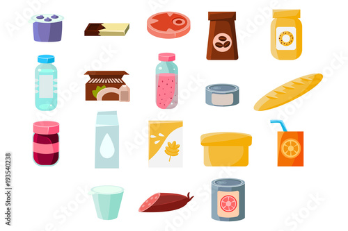 Common everyday grocery products sett, food and drinks vector Illustrations on a white background