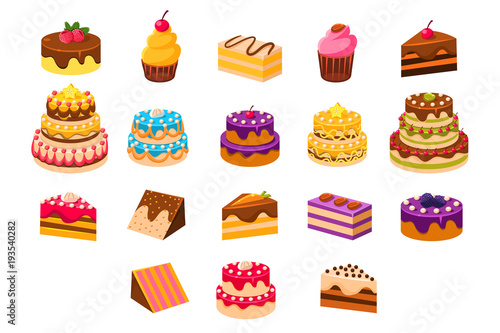 Cakes sett, sweet dessetrts, baked cakes and cupcakes made of cream, biscuit, chocolate and berries vector Illustrations on a white background