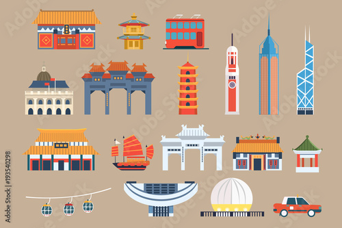 Symbols of Hong Kong sett, Chineset landmarks, travel elements vector Illustrations on a beige background