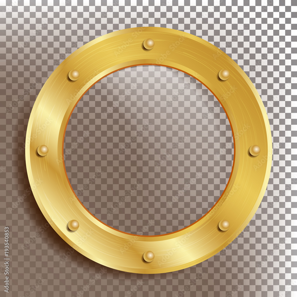 Porthole Vector. Round Golden Window With Rivets. Bathyscaphe Ship