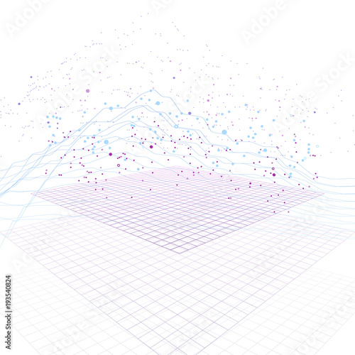 Big data stream futuristic infographic on digital cyber surface. Quantum computing, cryptography, trendy technologies infographic. 3D Bigdata visualization. Abstract visual data vector design.