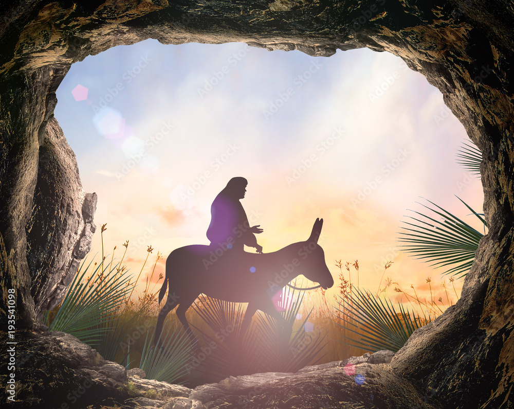 Easter Religious concept Silhouette Jesus Christ riding donkey with