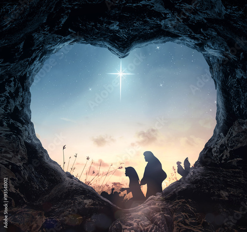 Stampa su tela Christmas religious nativity concept: Silhouette mother Mary and father Joseph l