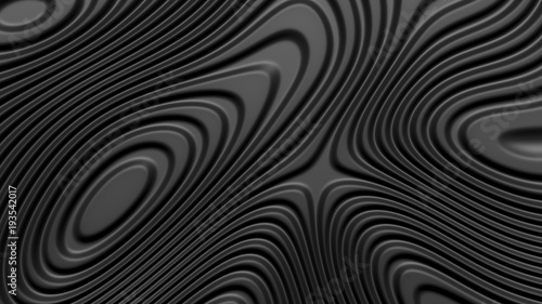 Stylish black colored background with flowing lines. Abstract topographic map contour background. Black stripe pattern background. Smoothly illuminated plastic texture, 3d render illustration.