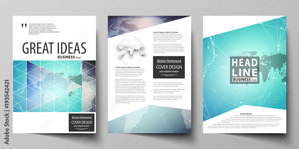 The vector illustration of editable layout of three A4 format modern covers design templates for brochure, magazine, flyer, booklet. Molecule structure, connecting lines and dots. Technology concept. The vector illustration of editable layout of three A4 format modern covers design templates for brochure, magazine, flyer, booklet. Molecule structure, connecting lines and dots. Technology concept.
