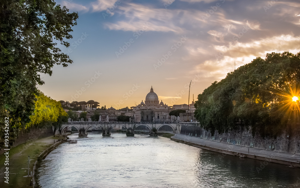 The Tiber river in Rome at the sunset