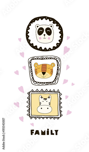 Fototapeta Naklejka Na Ścianę i Meble -  Funny card with cute animals faces and lettering Family!