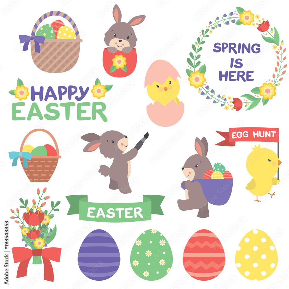 Cute Easter Rabbit and Chick Spring Design Elements Set Vector Flat Illustration Isolated on White Cute Easter Rabbit and Chick Spring Design Elements Set Vector Flat Illustration Isolated on White