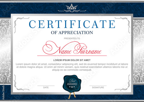 Certificate in the official, solemn, elegant, Royal style in blue and silver tones, with the image of the crown and blue wax seal (horizontal format)