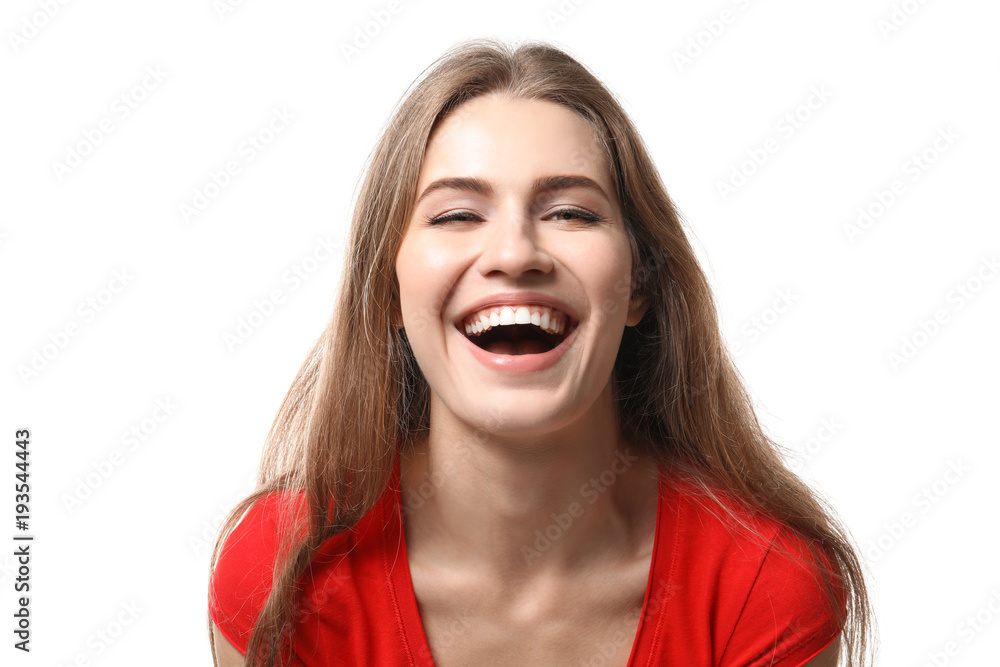 Smiling young woman in casual clothes on white background Smiling young woman in casual clothes on white background