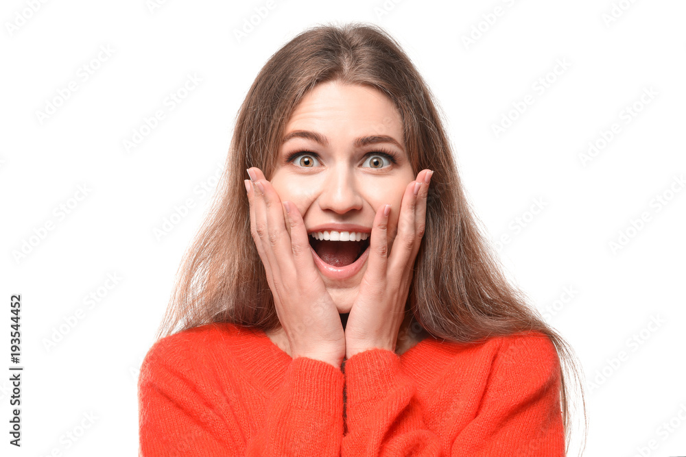 Emotional young woman in casual clothes on white background Emotional young woman in casual clothes on white background