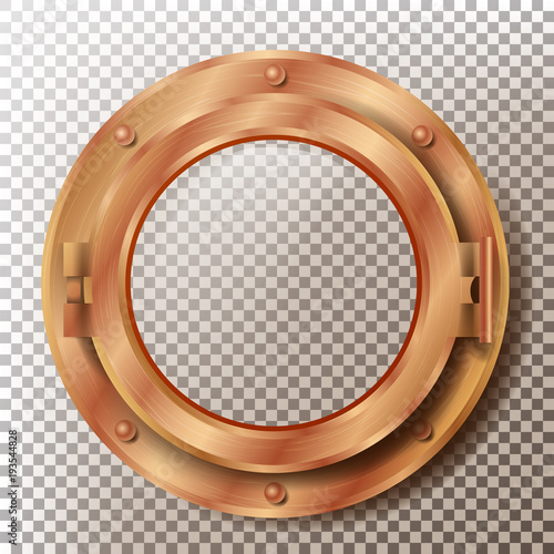 Porthole Vector. Round Brass, Bronze, Copper Window With Rivets. Bathyscaphe Ship Metal Frame Design Element. For Aircraft, Submarines. Isolated On Transparent Background Illustration