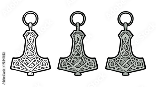 Vking hammer thor amulet with runes. Vintage vector color engraving