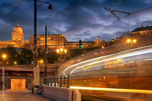 Luminous trace of moving tram, Royal castle in Budapest
