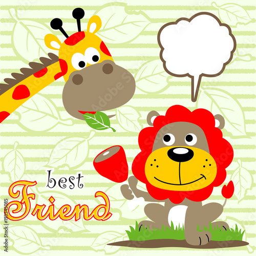 Lion and giraffe cartoon on striped background 