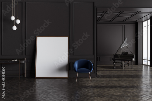Black living room with piano and poster