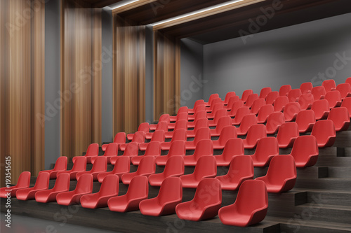 Cinema interior corner, red chairs