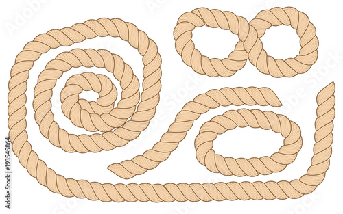 Set of different size, shapes brown ropes are isolated on white background.