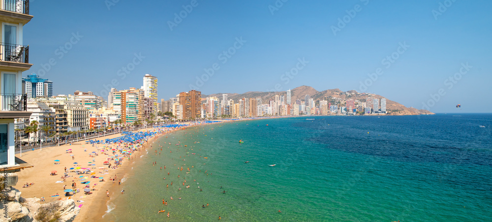 Panoramic landscape of Mediterranean sea and beach Playa de Levante in Benidorm, Alicante, Spain