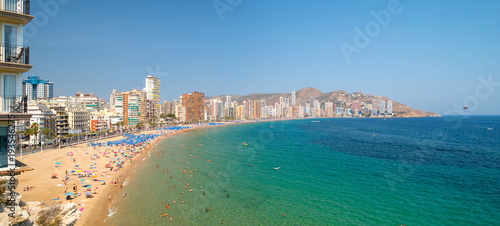 Panoramic landscape of Mediterranean sea and beach Playa de Levante in Benidorm, Alicante, Spain