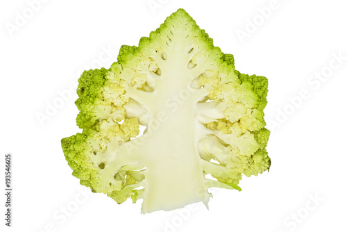 Roman cauliflower (Brassica oleracea var botrytis) sliced, isolated on white   photo