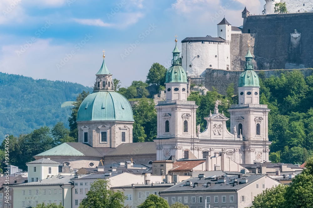 Salzburg cathedral seen from Salzach river, Austria