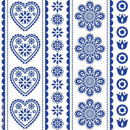 Scandinavian seamless folk art vector pattern with flowers and hearts, Nordic ornament design - long stripes