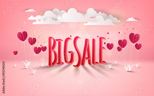Valentines day big sale background with Heart Shaped Balloons flower and cloudy. Vector illustration. Wallpaper. flyers, invitation, posters, brochure, banners