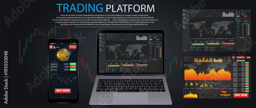 Market trade. Binary option. Trading platform, account. Press Call and Win transaction. Money Making, business. Market analysis. Investing. Screen of user interface for phone, laptop, tablet