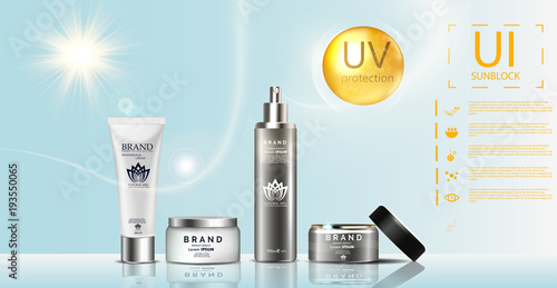 Sunblock ads template, sun protection, sunscreen and sunbath cosmetic products design face and body lotion 