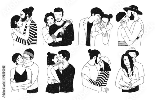 Set of romantic couples isolated on white background. Bundle of portraits trendy guys and girls in love hugging, cuddling and kissing. Hand drawn, black and white vector illustration.
