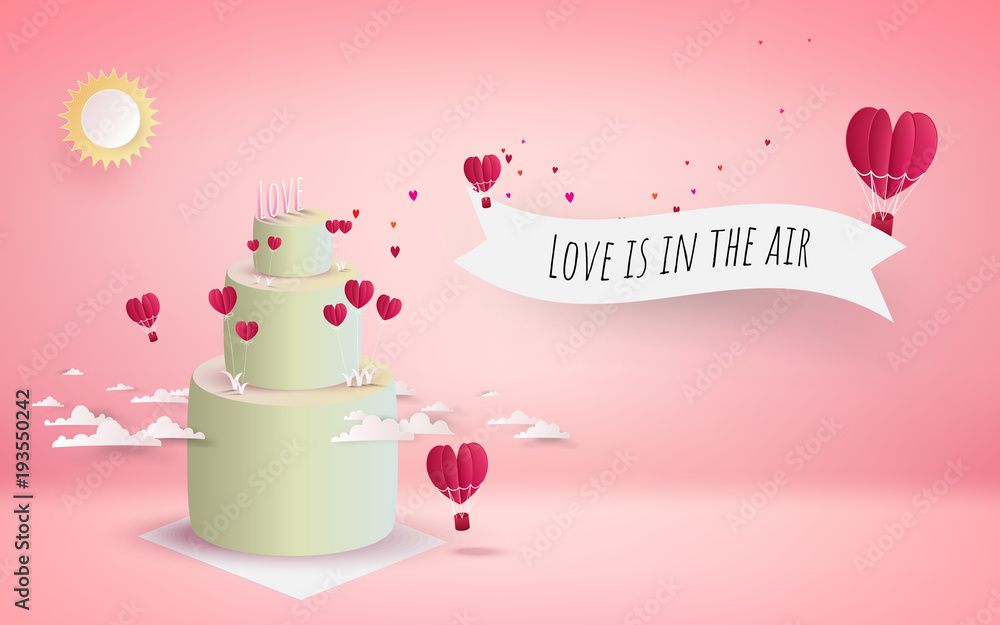 valentine's day cake with heart flowers and flying red hearts. pink background, 3d, Vector illustration. Wallpaper, flyers, invitation, posters, brochure, banners