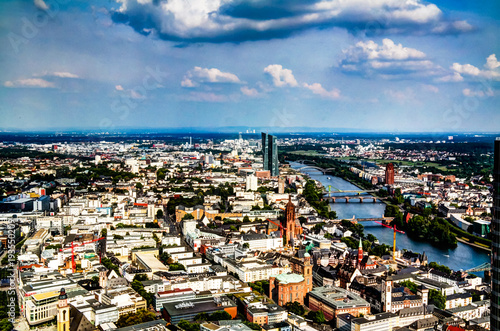 Panoramic aerial cityscape of Frankfurt am Main city and river M