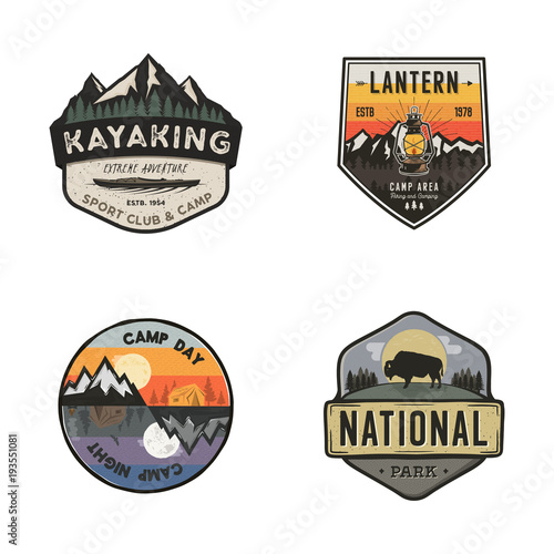 Set of vintage hand drawn travel logos. Hiking labels concepts. Mountain expedition badge designs. Travel logos, camp logotypes collection. Stock vector retro patches isolated on white background