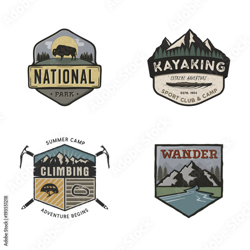 Set of vintage hand drawn travel logos. Camping labels concepts. Mountain expedition badge designs. Travel logos, camp logotypes collection. Stock vector retro patches isolated on white background