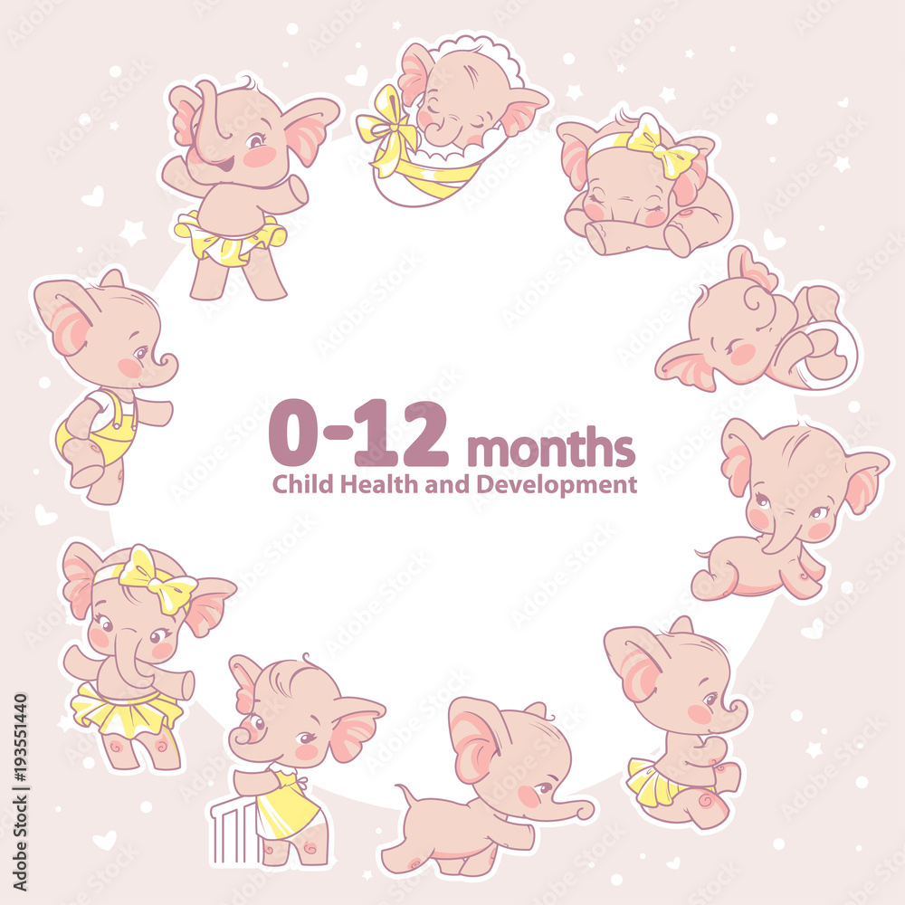 Set of baby health and development icon. Infographic of baby growth from newborn to toddler with text. First year. Cartoon elephant as girl of 0-12 months. Design template. Vector illustration.
