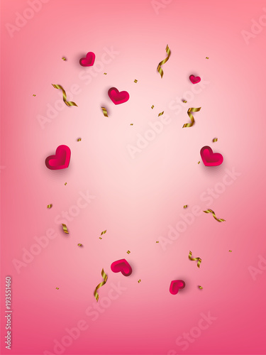 Little red Hearts with gold ribbons confetti with copy space on pink Background. Valentines day background. Love concept